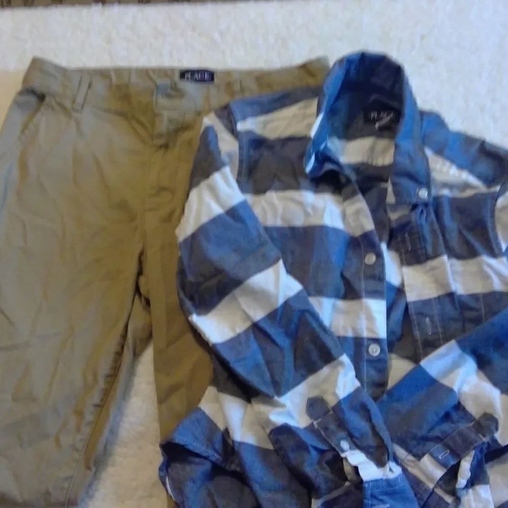 Boys tan long pants with button down shirt